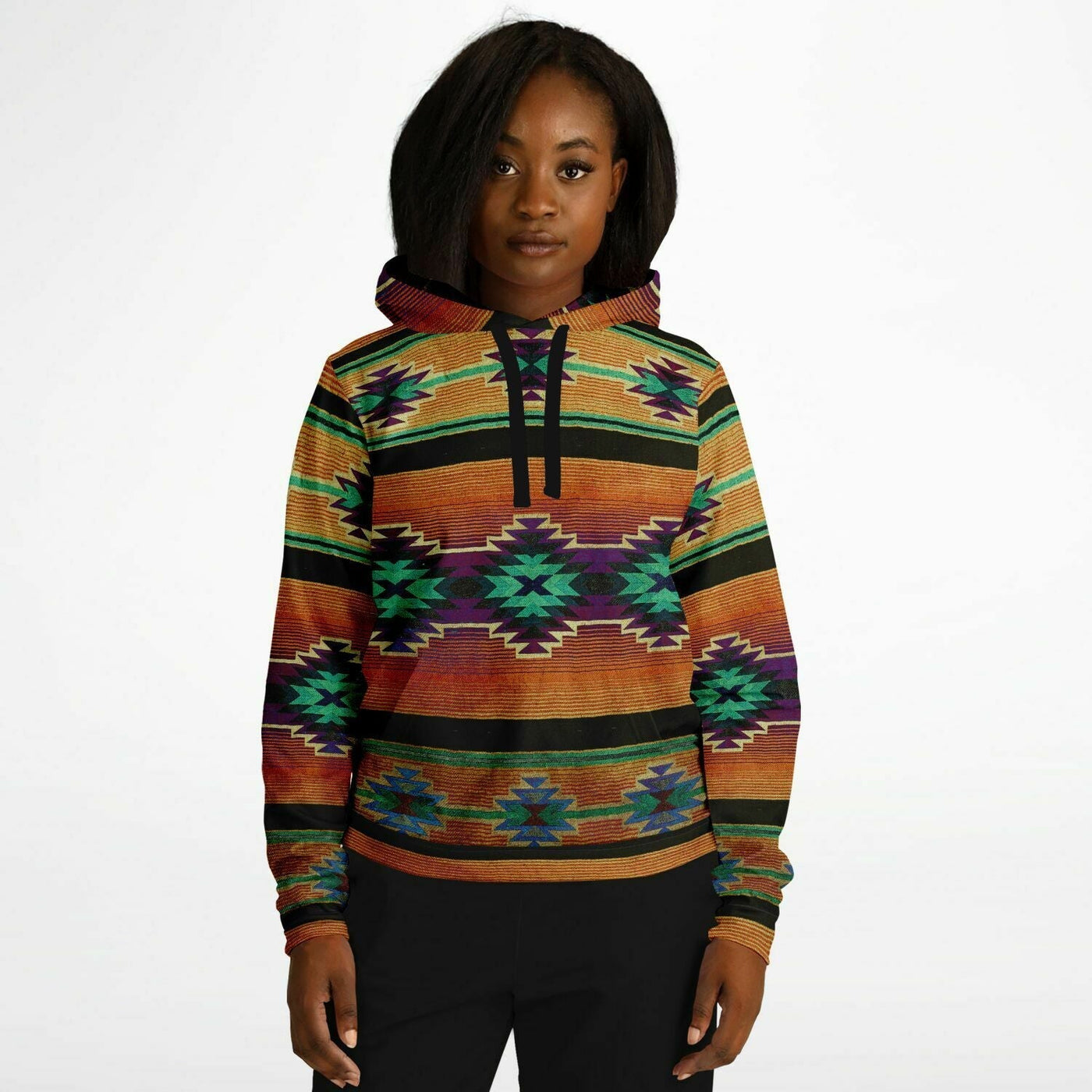 Native American Hoodie with Burnt Amber Green Shamanic Tribal Pattern