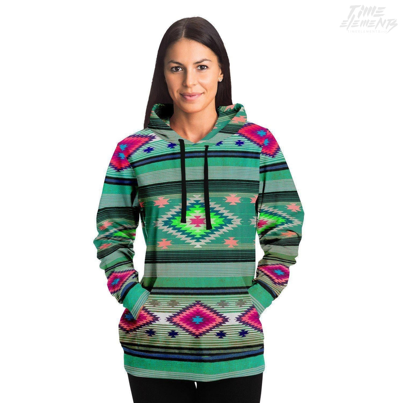 Native American Hoodie with Hot Pink Aqua Shamanic Tribal Pattern