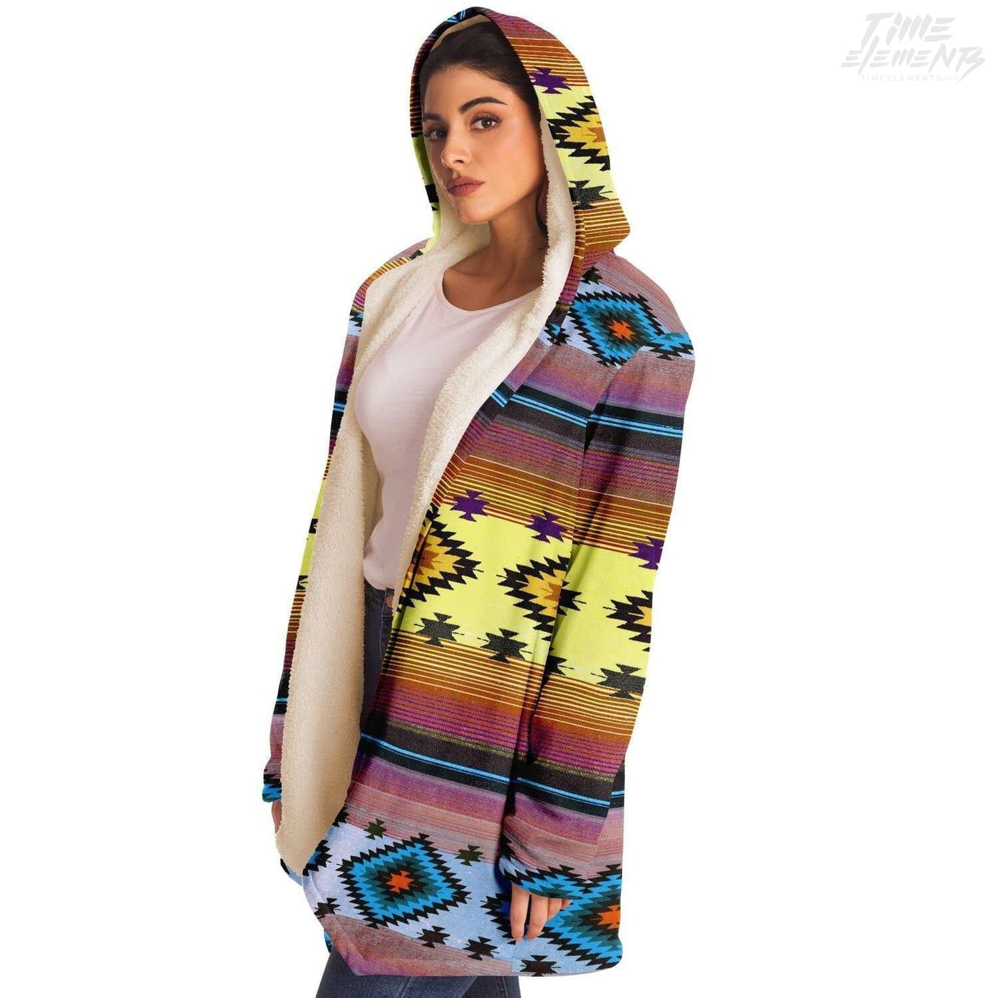 Native American Navajo Hooded Cloak with Yellow Blue Shamanic Tribal Pattern