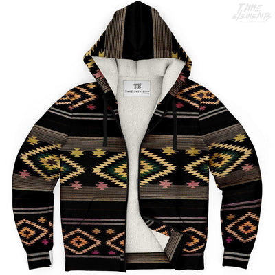 Native American Sherpa Hoodie with Black Gold Shamanic Tribal Pattern