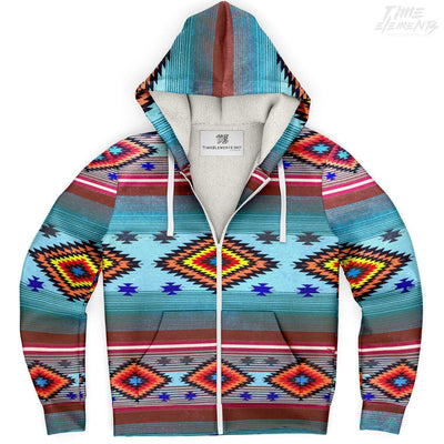 Native American Sherpa Hoodie with Bright Blue Red Shamanic Tribal Pattern