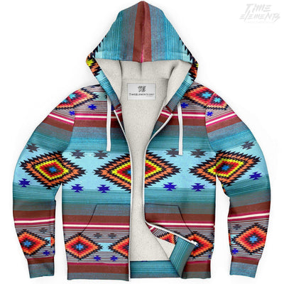 Native American Sherpa Hoodie with Bright Blue Red Shamanic Tribal Pattern