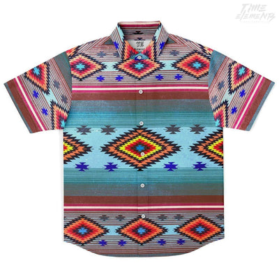 Native American Short Sleeves Shirt with Bright Blue Red Shamanic Tribal Pattern