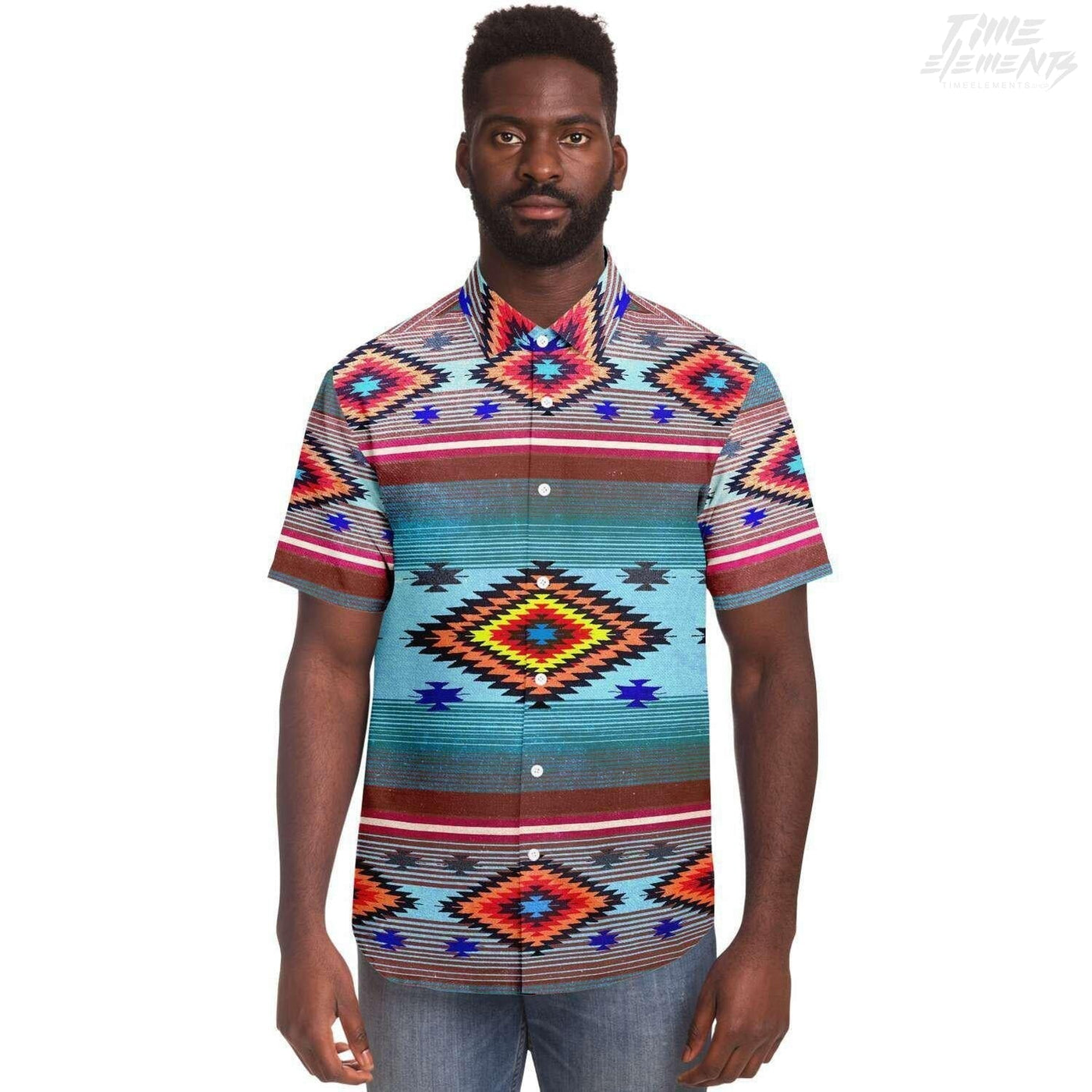 Native American Short Sleeves Shirt with Bright Blue Red Shamanic Tribal Pattern