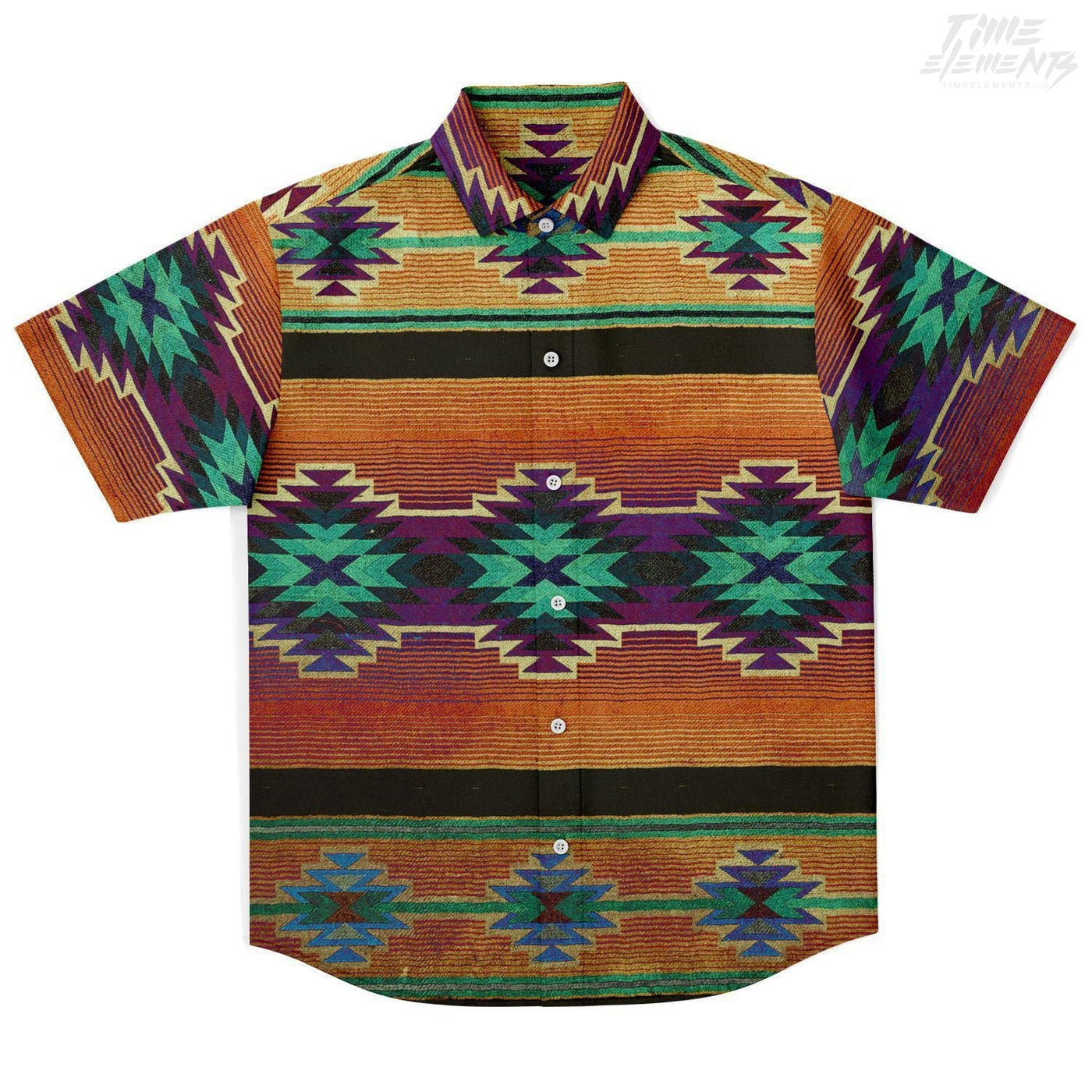 Native American Short Sleeves Shirt with Burnt Amber Green Shamanic Tribal Pattern