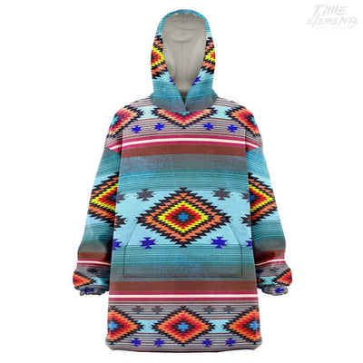 Native American Snug Hoodie Coat with Bright Blue Red Shamanic Tribal Pattern