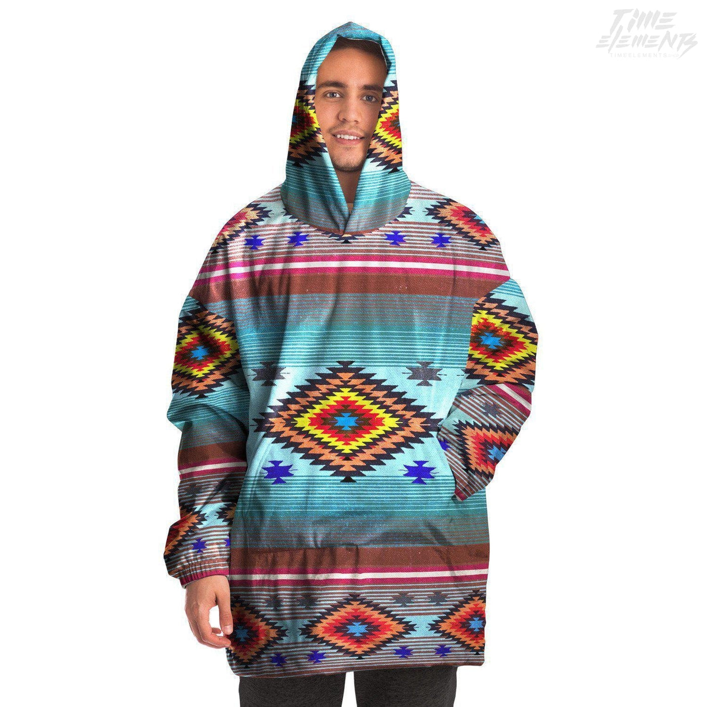 Native American Snug Hoodie Coat with Bright Blue Red Shamanic Tribal Pattern