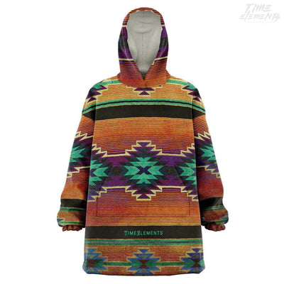 Native American Snug Hoodie Coat with Burnt Amber Green Shamanic Tribal Pattern