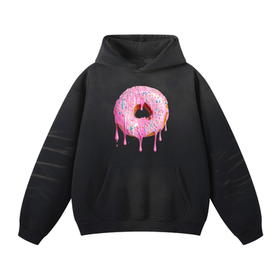 Pink Donut with Dripping Glaze | Oversized Dyed Fleece Hoodie (Black)