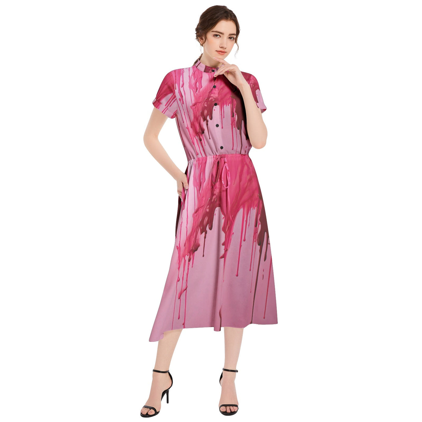 Pink Glaze Dripping Drawstring A-line Flared Midi Dress