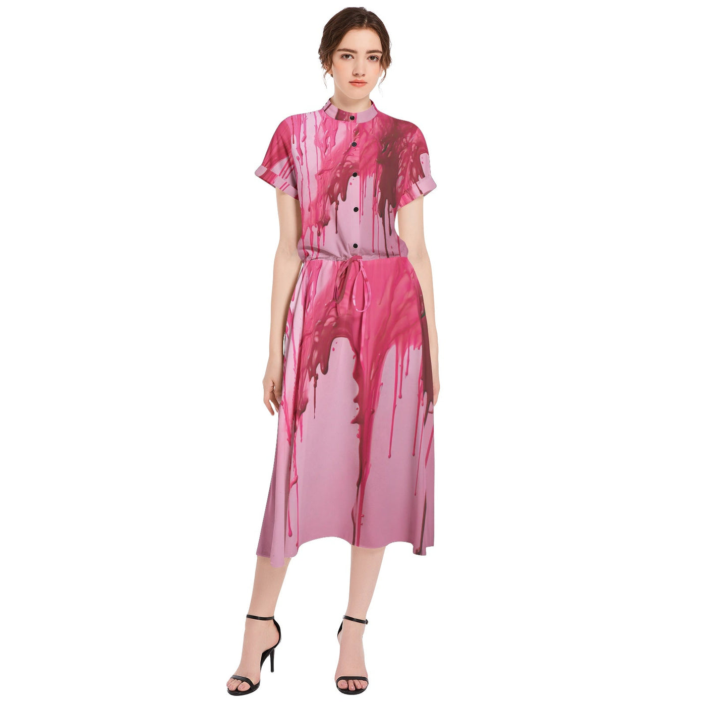 Pink Glaze Dripping Drawstring A-line Flared Midi Dress