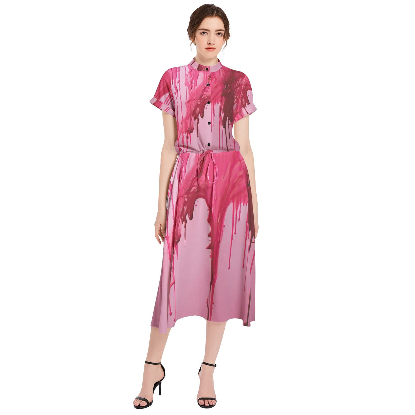 Pink Glaze Dripping Drawstring A-line Flared Midi Dress, 2XL Pink Glaze Dripping Drawstring A-line Flared Midi Dress, 2XL