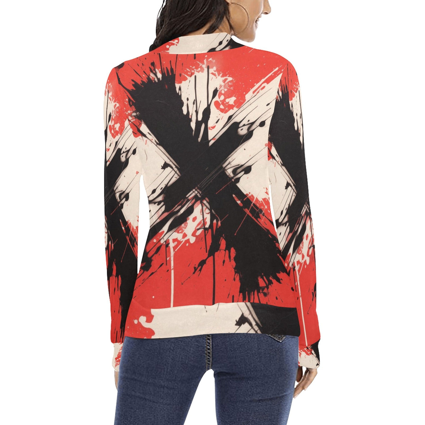 Red & Black Abstract Paint Splashes Mock Neck Sweater