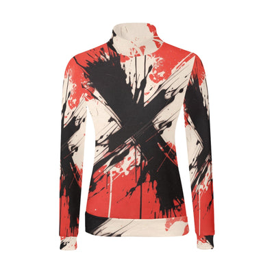 Red & Black Abstract Paint Splashes Mock Neck Sweater