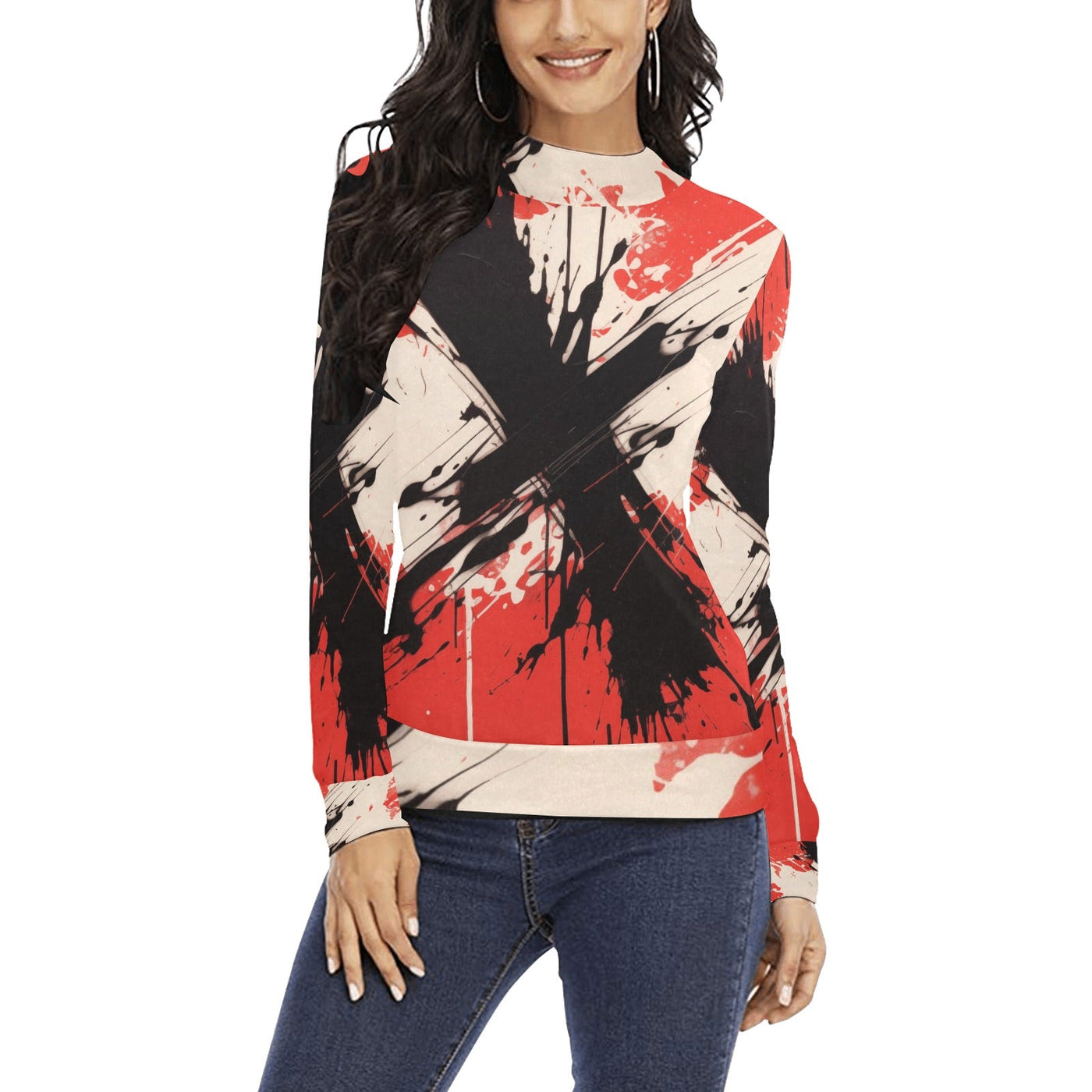 Red & Black Abstract Paint Splashes Mock Neck Sweater