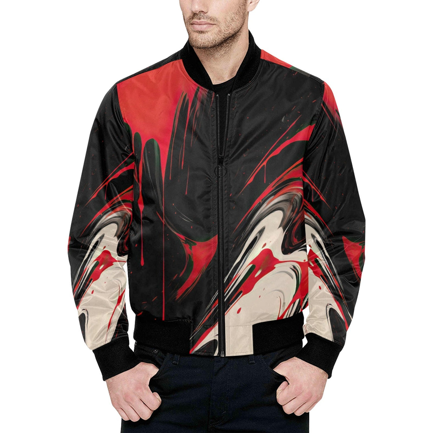 Red & White Abstract Quilted Bomber Jacket
