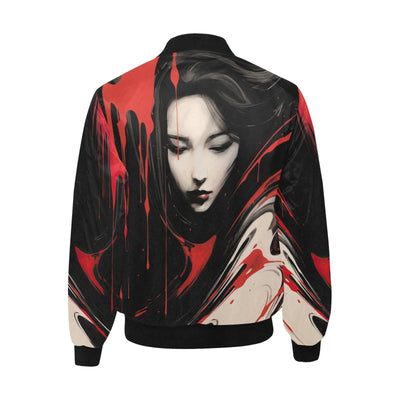 Red & White Japanese Abstract with Geisha Quilted Bomber Jacket