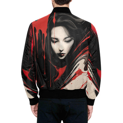 Red & White Japanese Abstract with Geisha Quilted Bomber Jacket