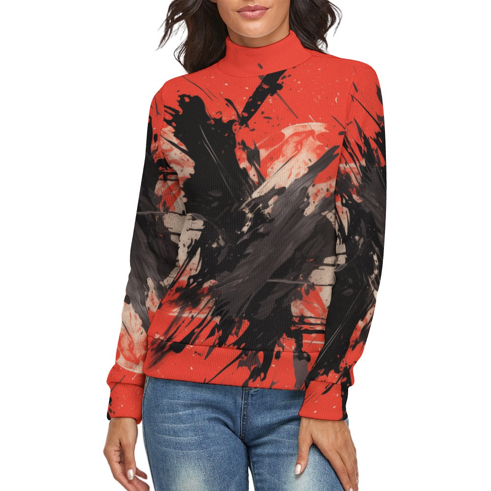 Red & Black Abstract Paint Trail Turtleneck Sweater 3