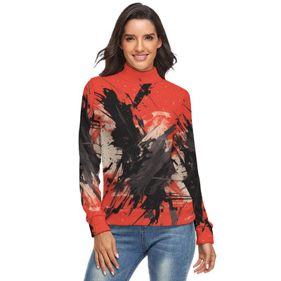 Red & Black Abstract Paint Trail Turtleneck Sweater 