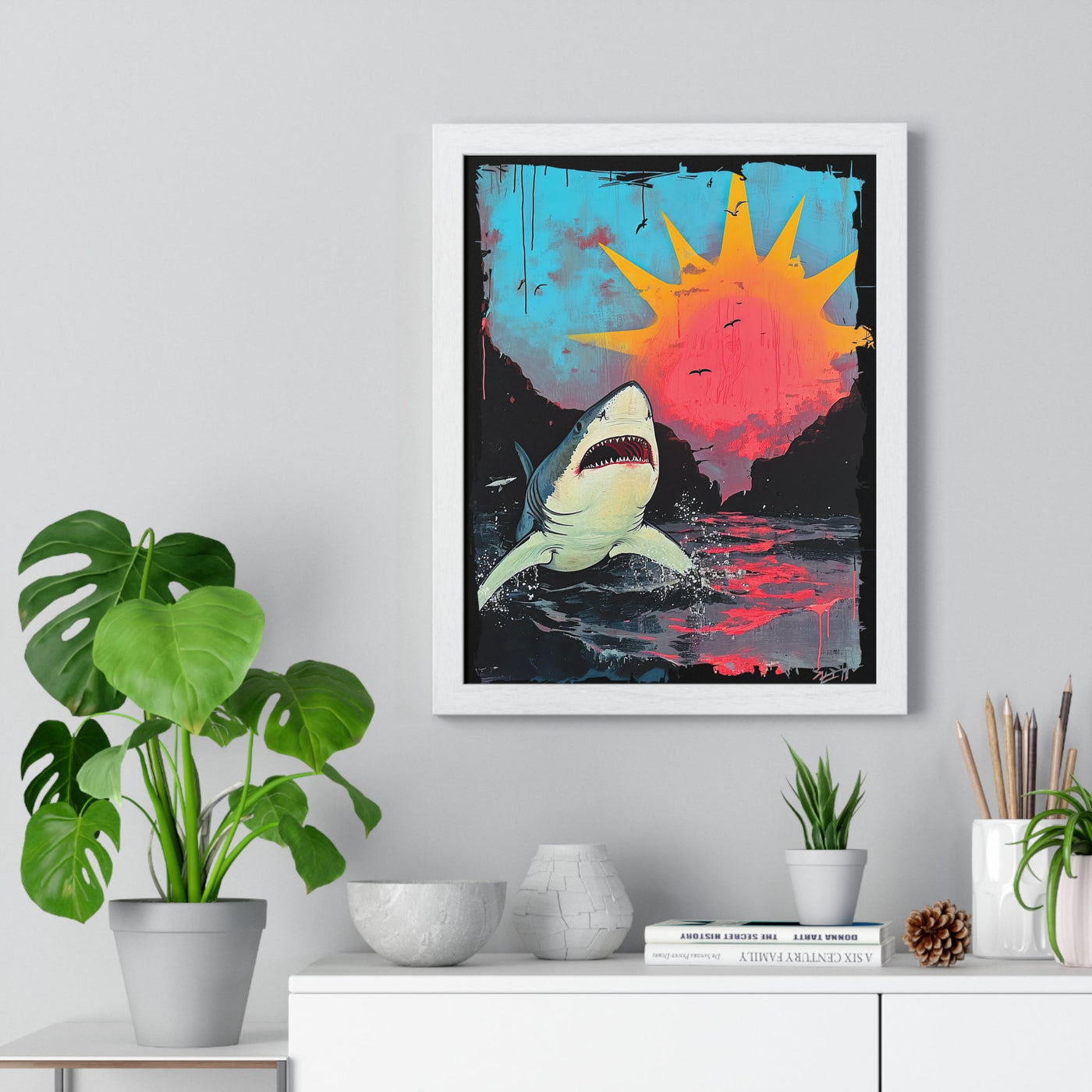 Shark on Sunrise Shore Art Print