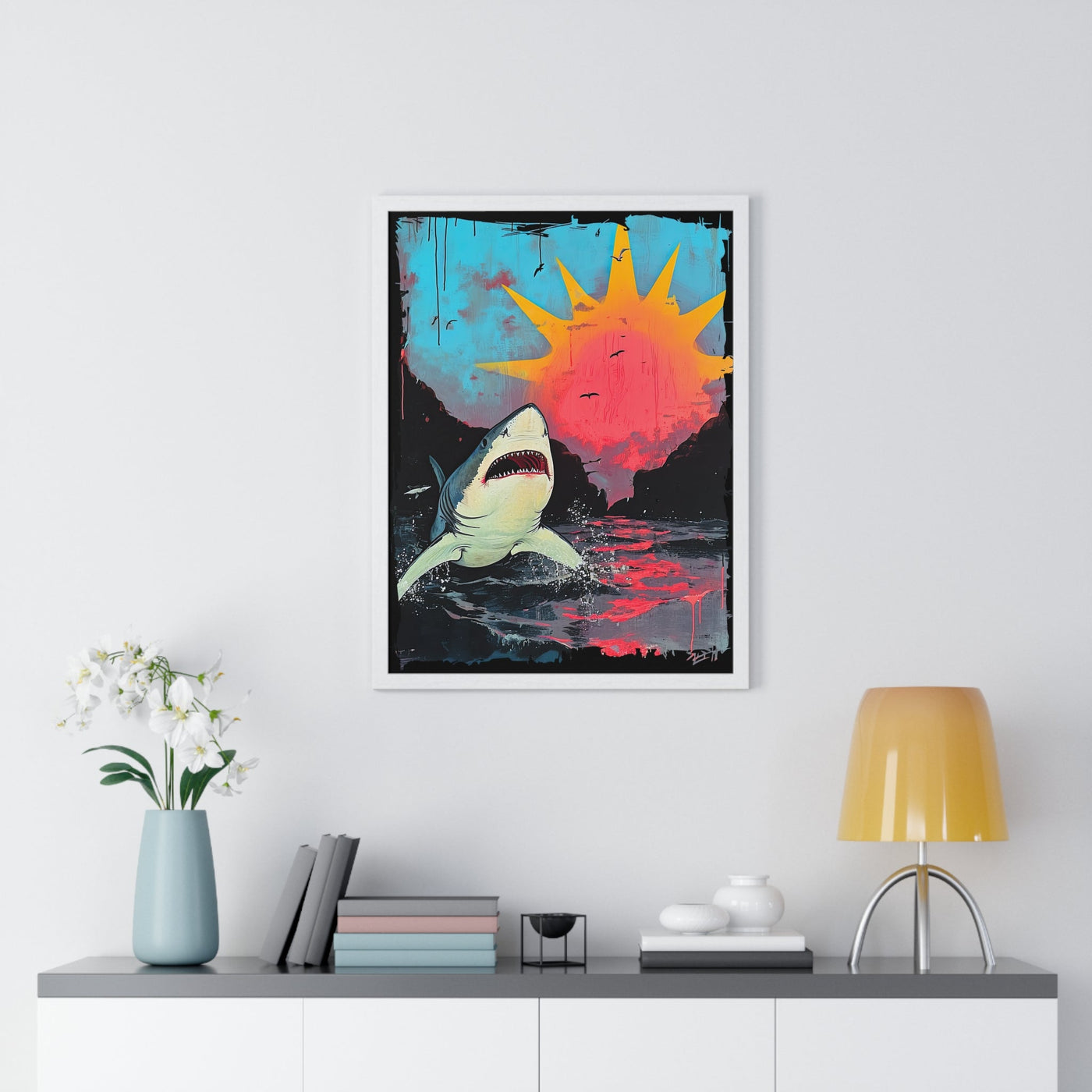 Shark on Sunrise Shore Art Print