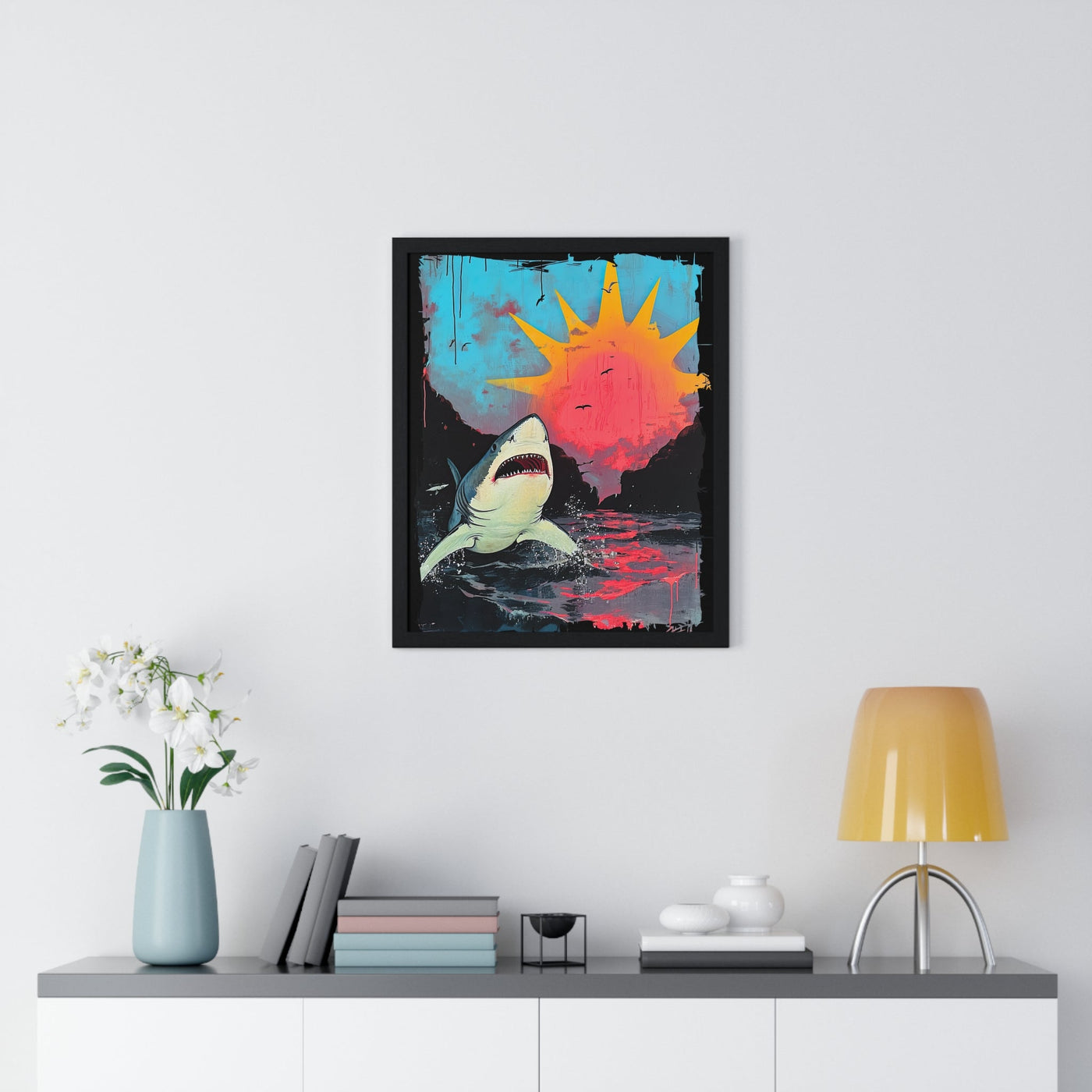 Shark on Sunrise Shore Art Print