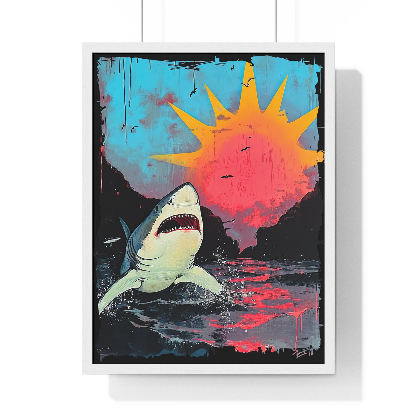 Shark on Sunrise Shore Art Print