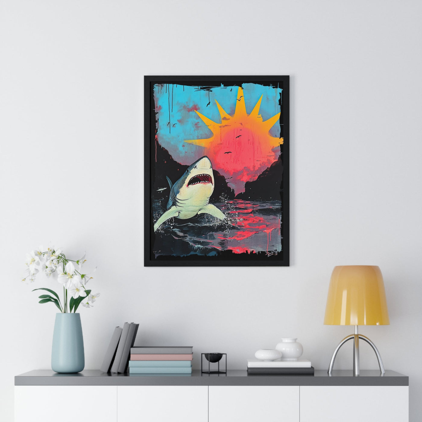 Shark on Sunrise Shore Art Print