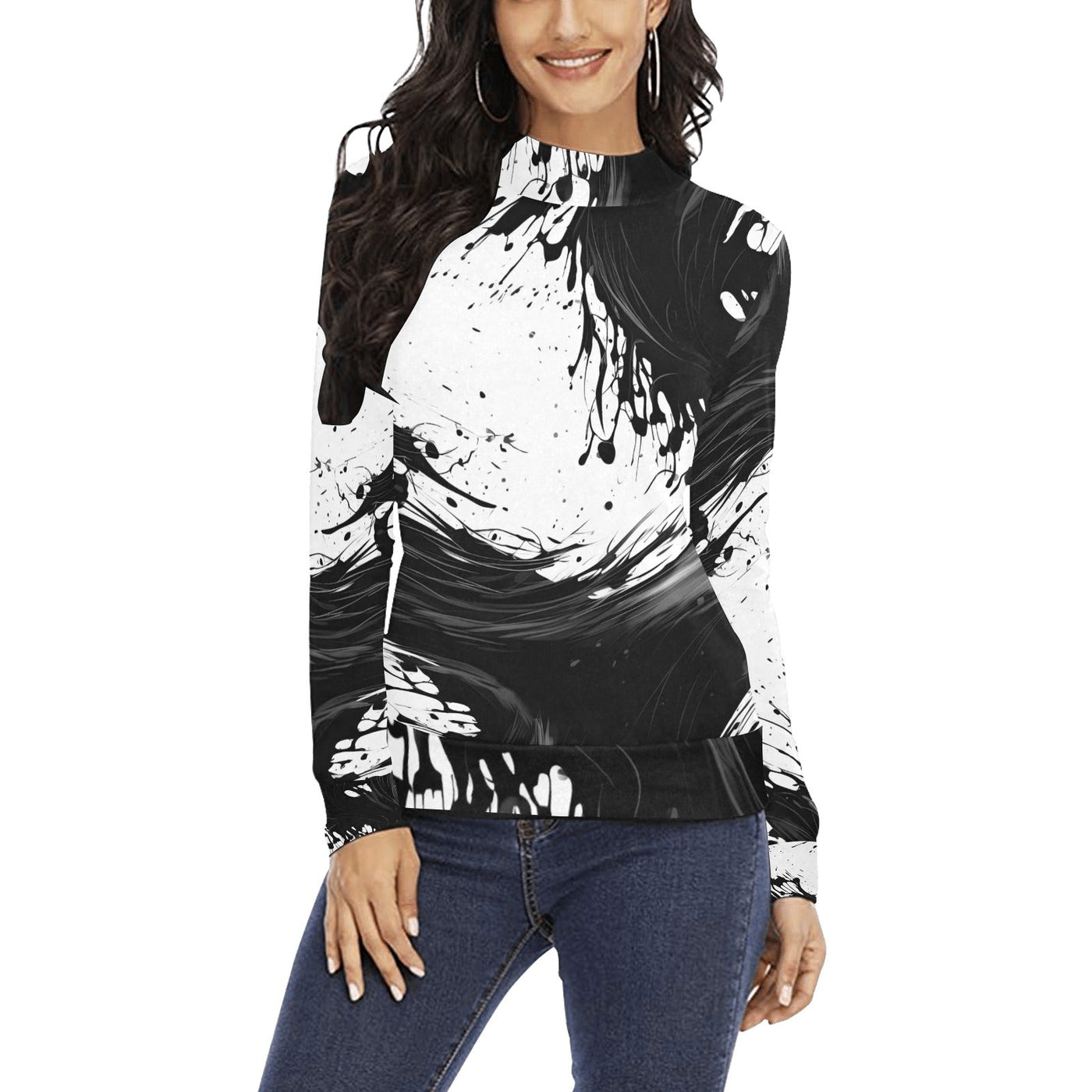 Splashy Black & White ink Mock Neck Sweater