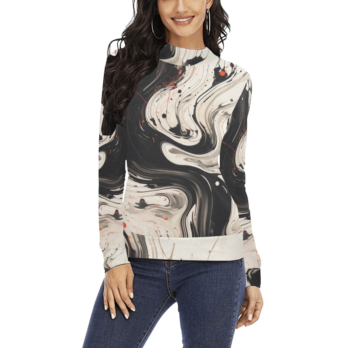 Splashy Wavy Ink Mock Neck Sweater