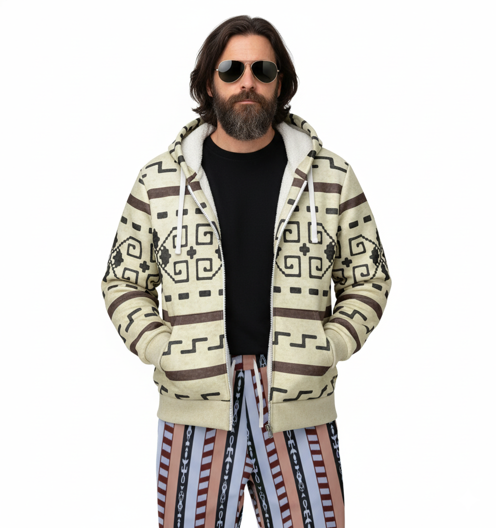 The Dude's Sherpa Lined Hoodie w/ Lebowski Sweater Pattern