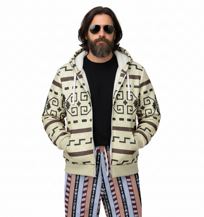 The Dude's Sherpa Lined Hoodie w/ Lebowski Sweater Pattern