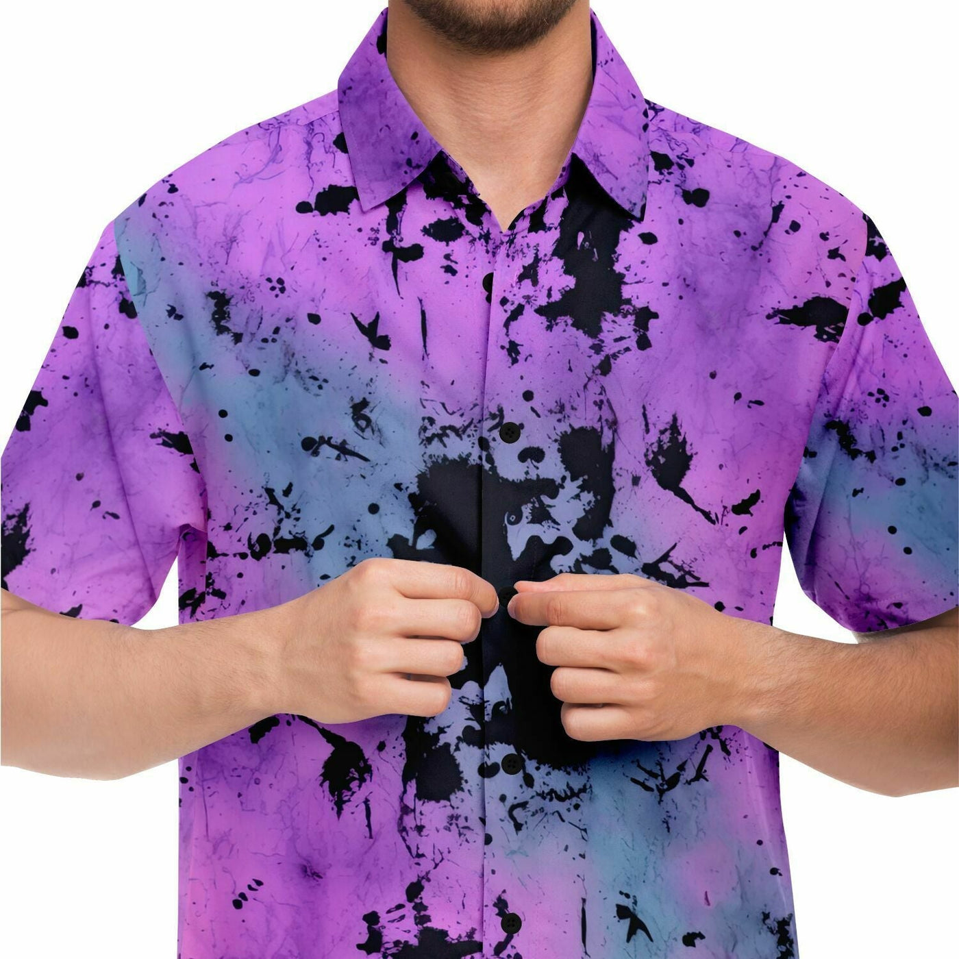 Tie-Dye ink Effect Black Pink and Blue Short Sleeves Shirt