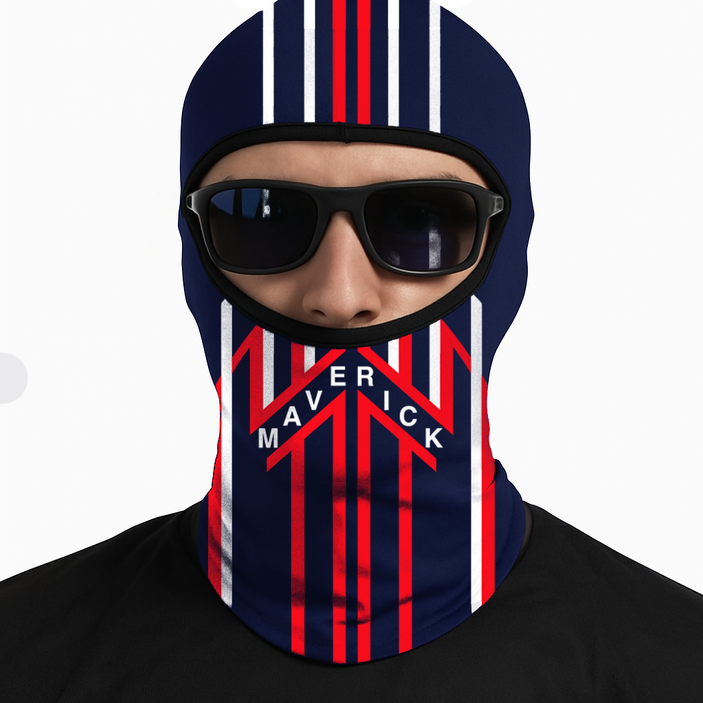 model wearing Top Gun Maverick Balaclava – Fighter Pilot Helmet Graphic Ski Mask