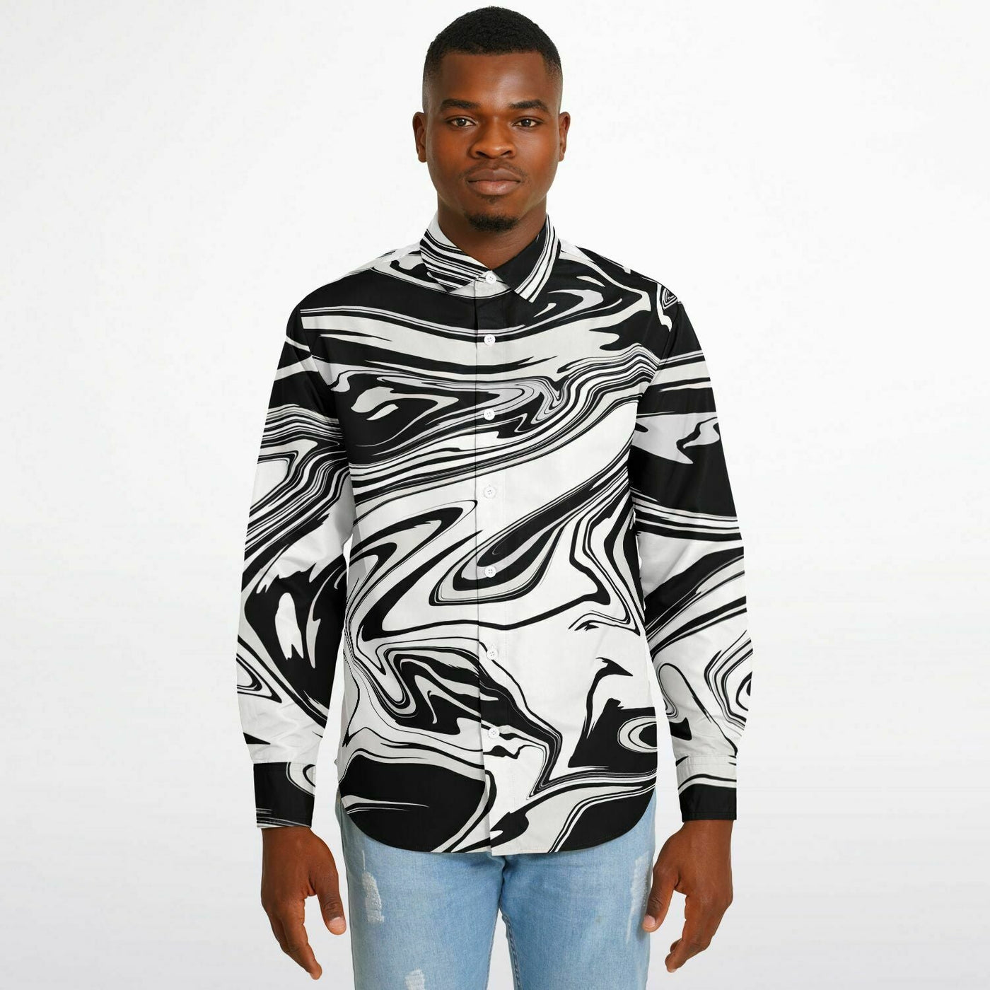 Wavy Black & White Abstract Psychedelic Pattern Long Sleeve Button Down Shirt