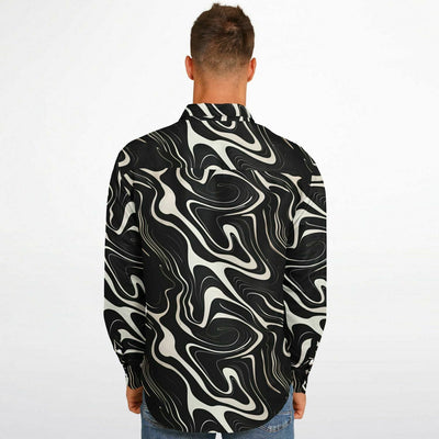 Wavy Black and White Abstract Pattern Long Sleeve Button Down Shirt