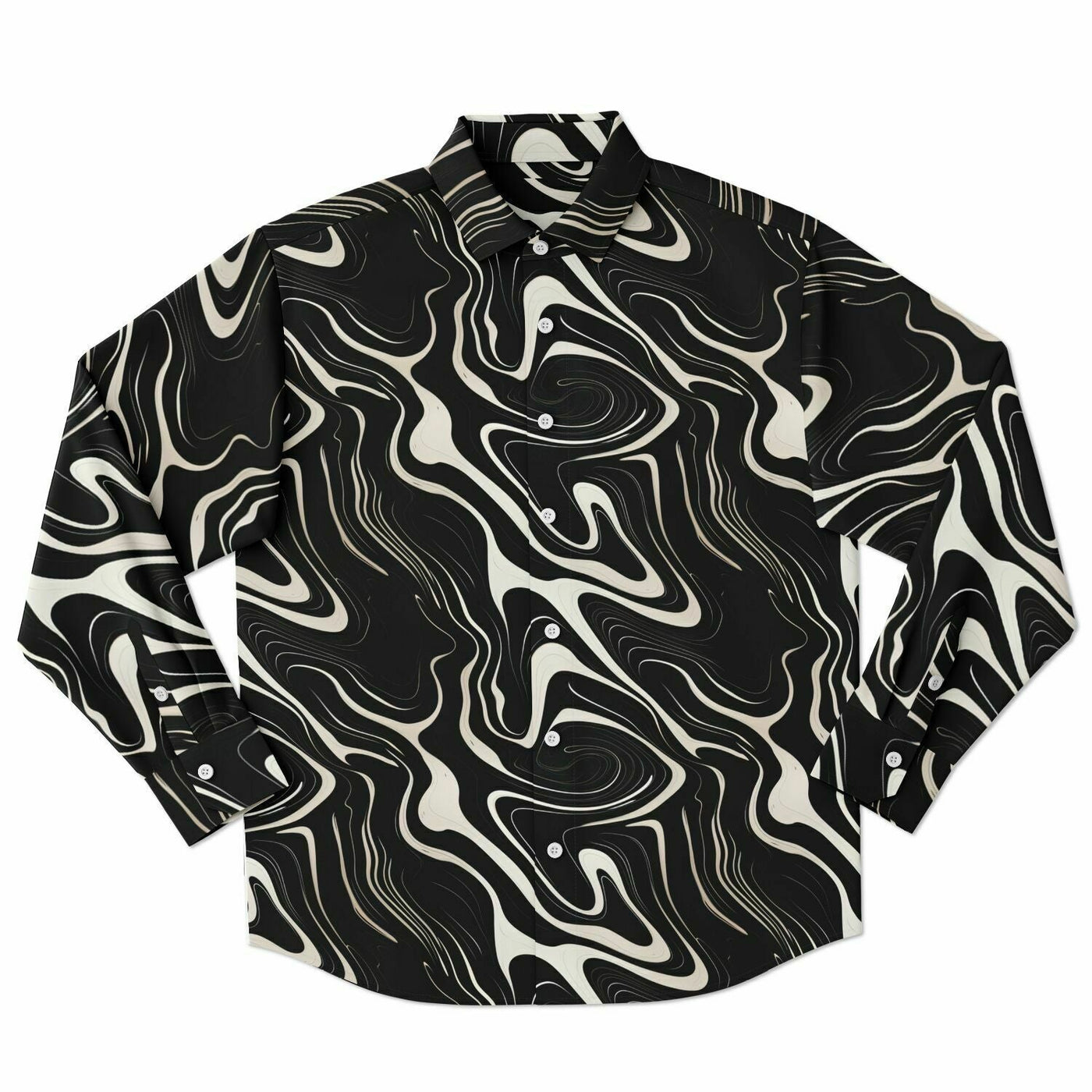 Wavy Black and White Abstract Pattern Long Sleeve Button Down Shirt
