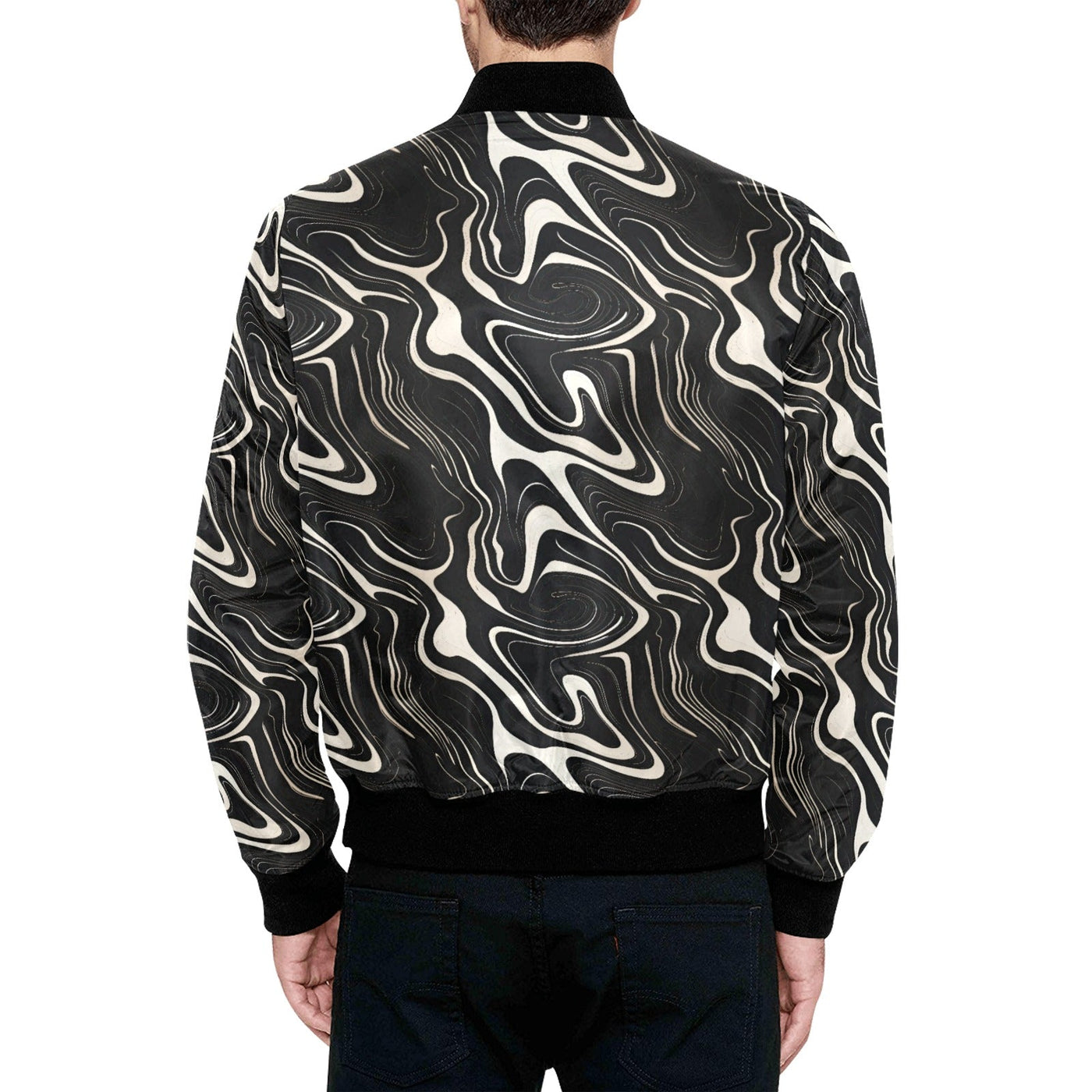 Wavy Black and White Abstract Pattern Quilted Bomber Jacket