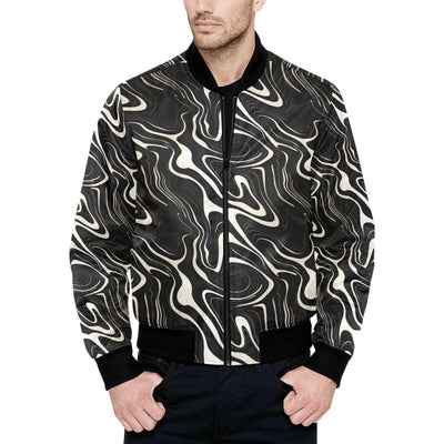 Wavy Black and White Abstract Pattern Quilted Bomber Jacket