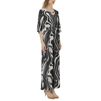 Wavy Black and White Ink Pattern Dolman Belted Jumpsuit