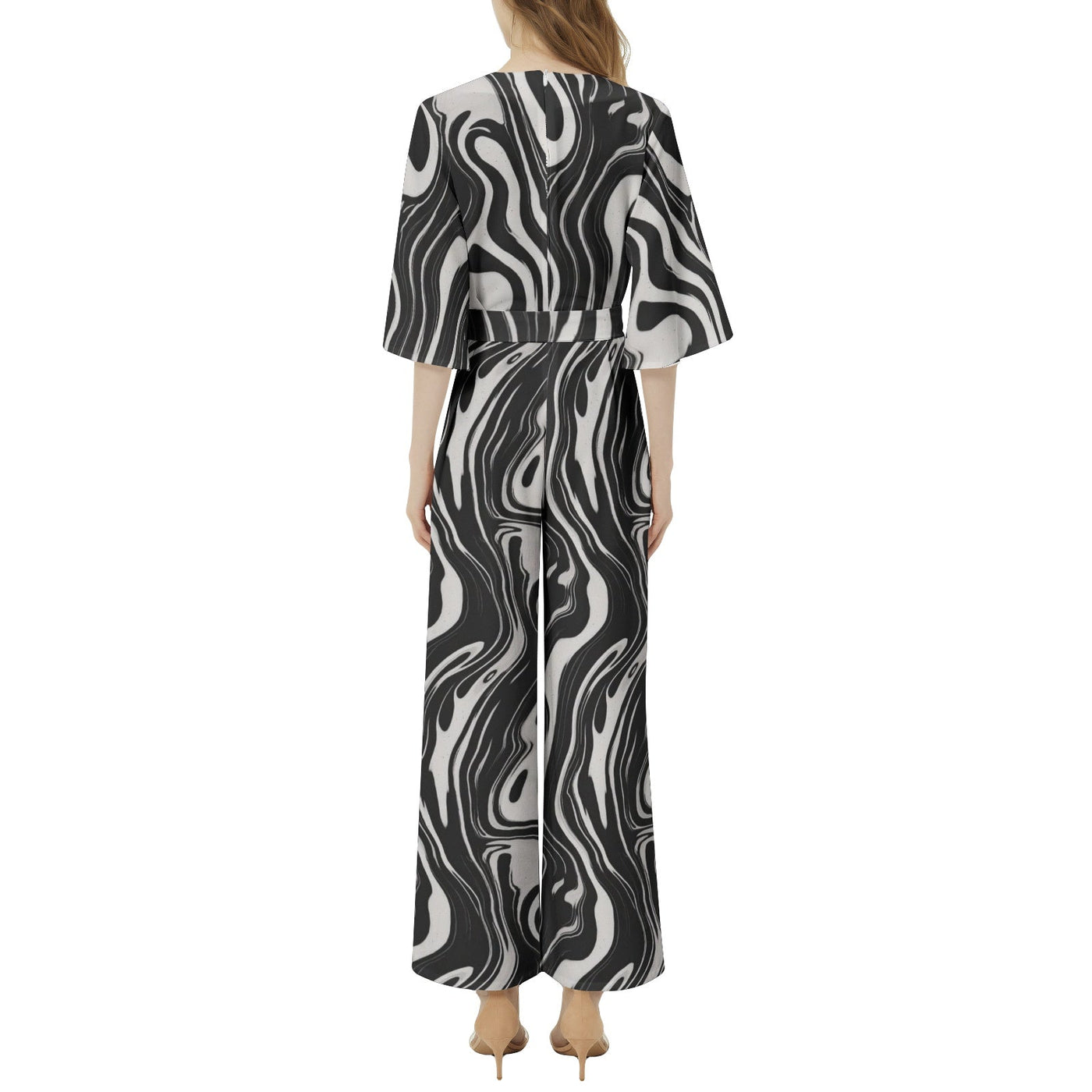 Wavy Black and White Ink Pattern Dolman Belted Jumpsuit