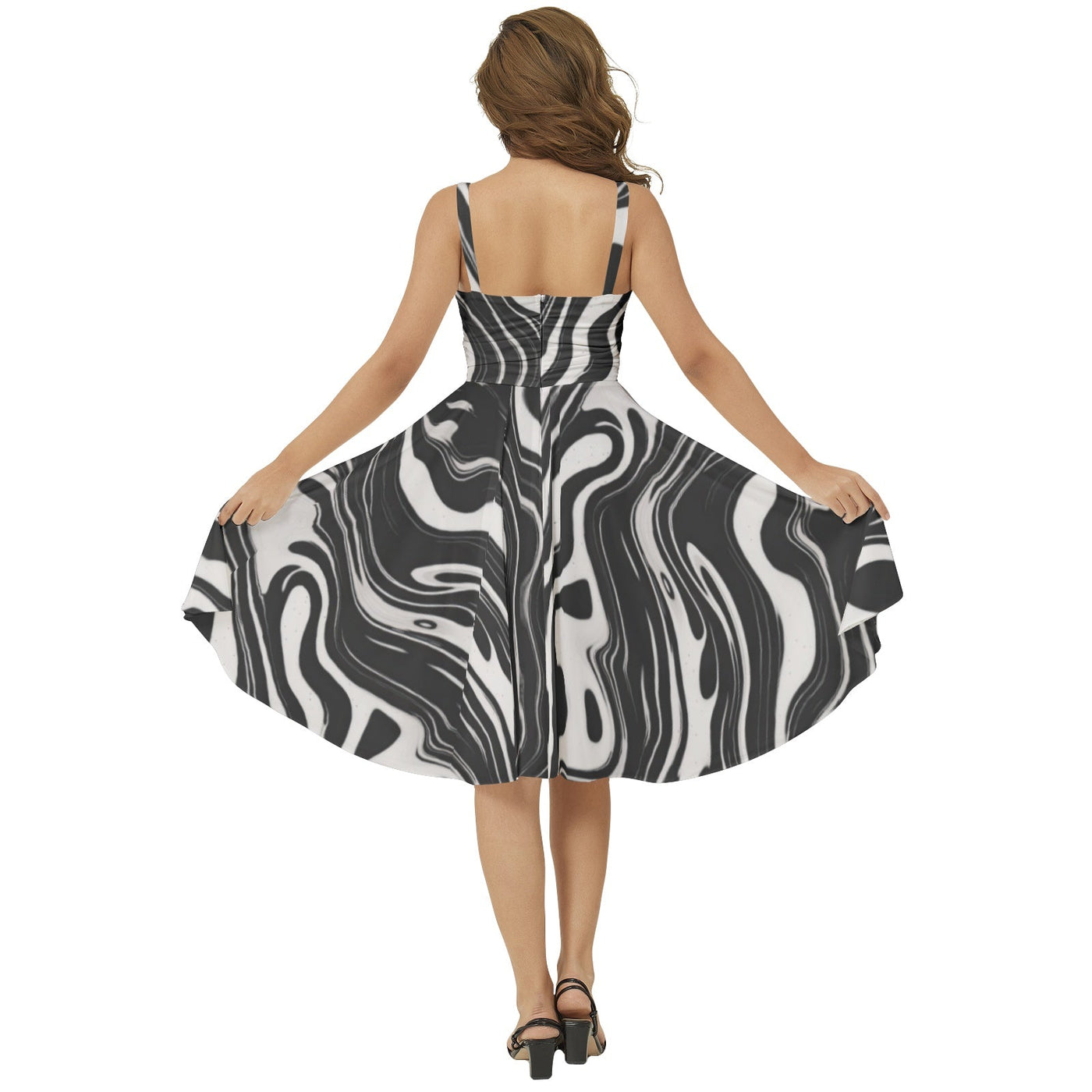 Wavy Black and White Ink Pattern Sleeveless Square Neck Flared Midi Dress