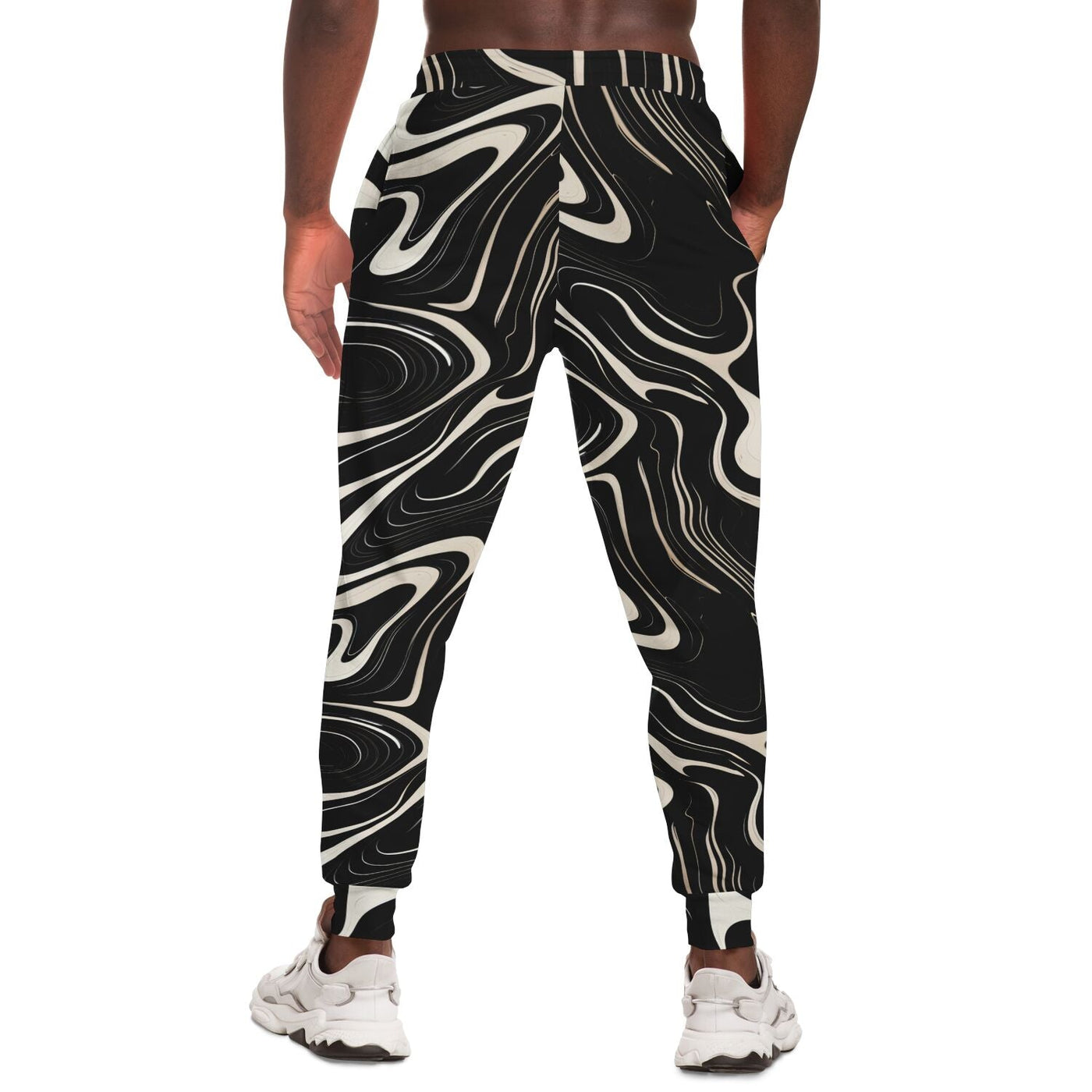 Wavy Black and White floating Ink Pattern Fashion Joggers