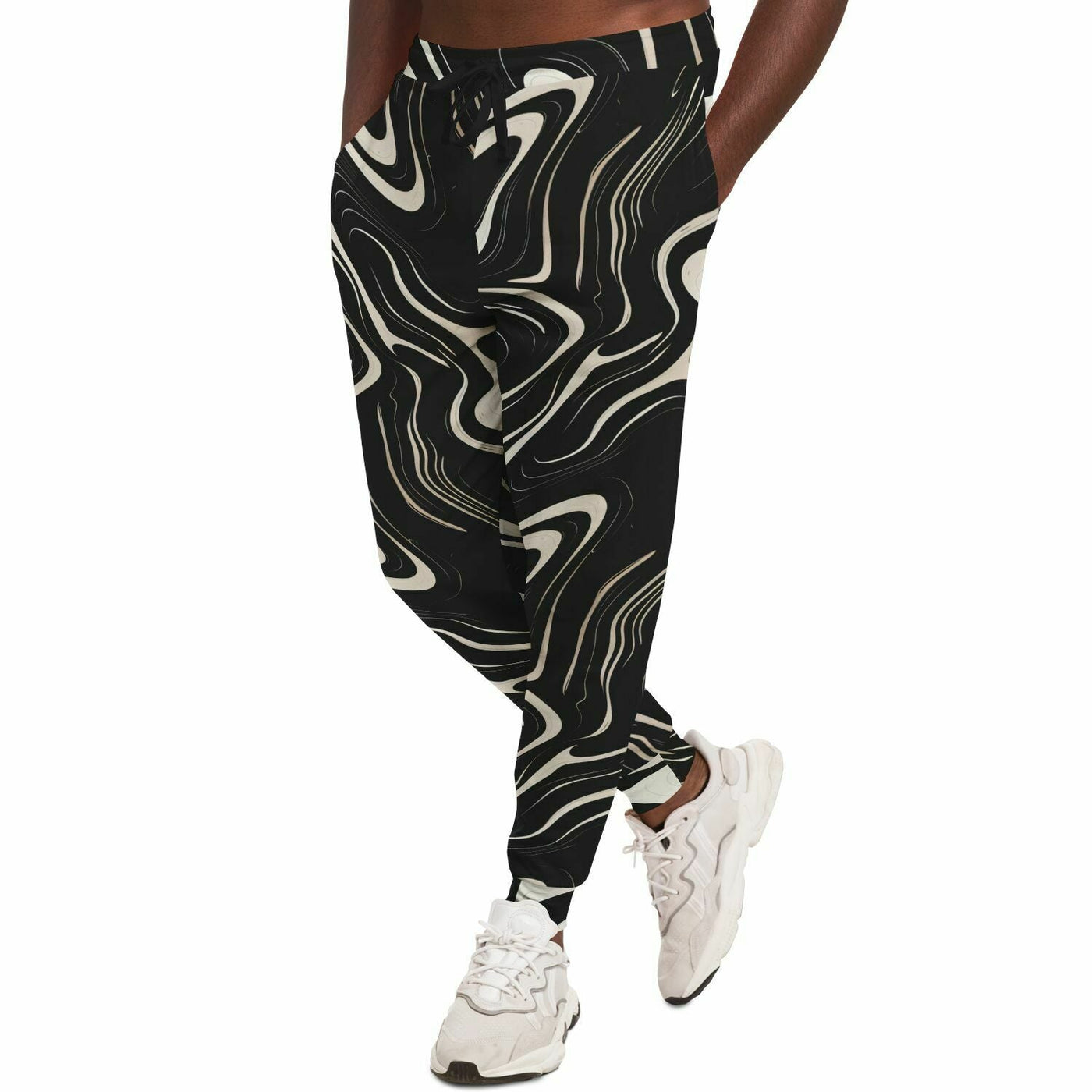 Wavy Black and White floating Ink Pattern Fashion Joggers