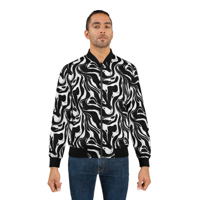 Wavy Distorted Black and White Ink Pattern Lightweight Bomber Jacket