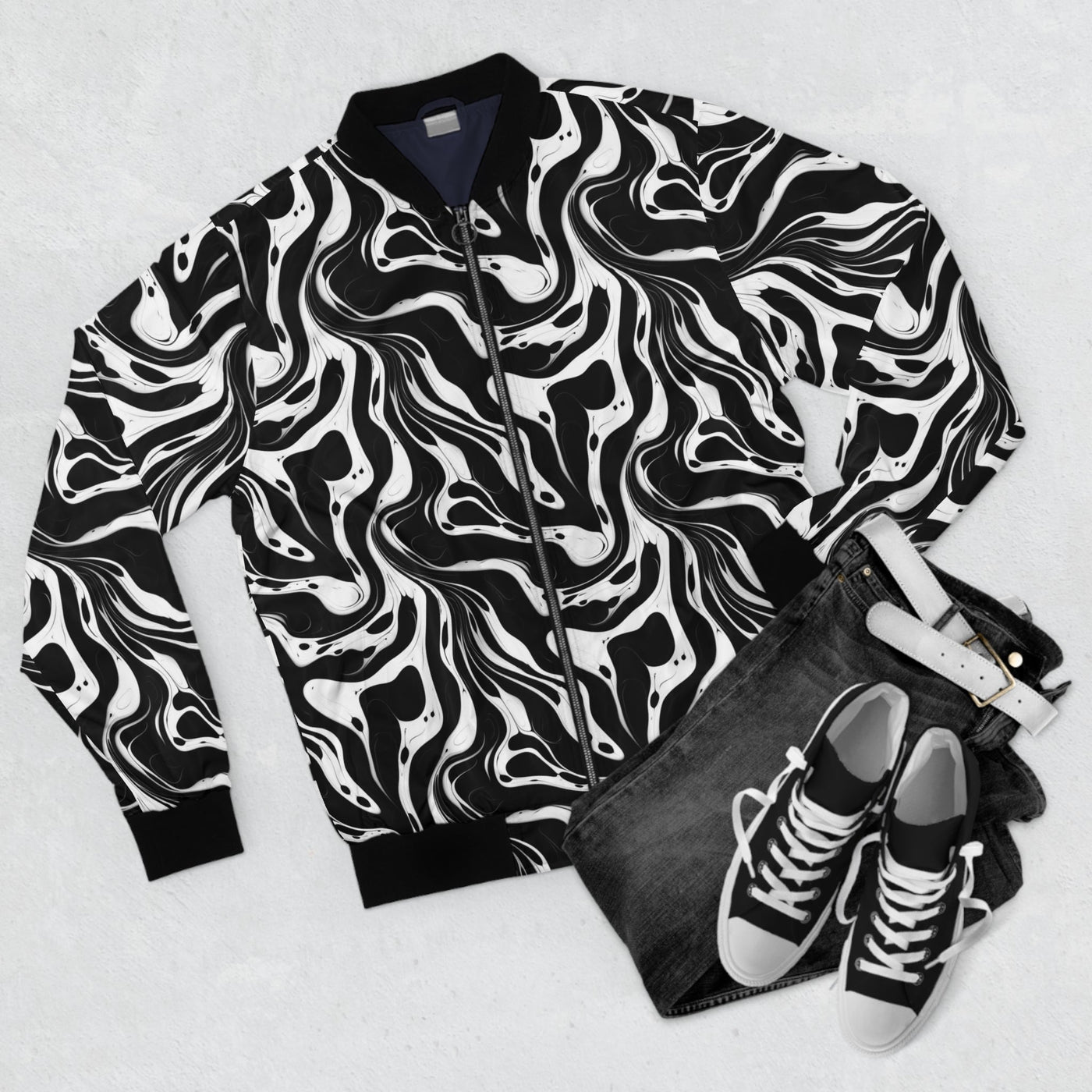 Wavy Distorted Black and White Ink Pattern Lightweight Bomber Jacket