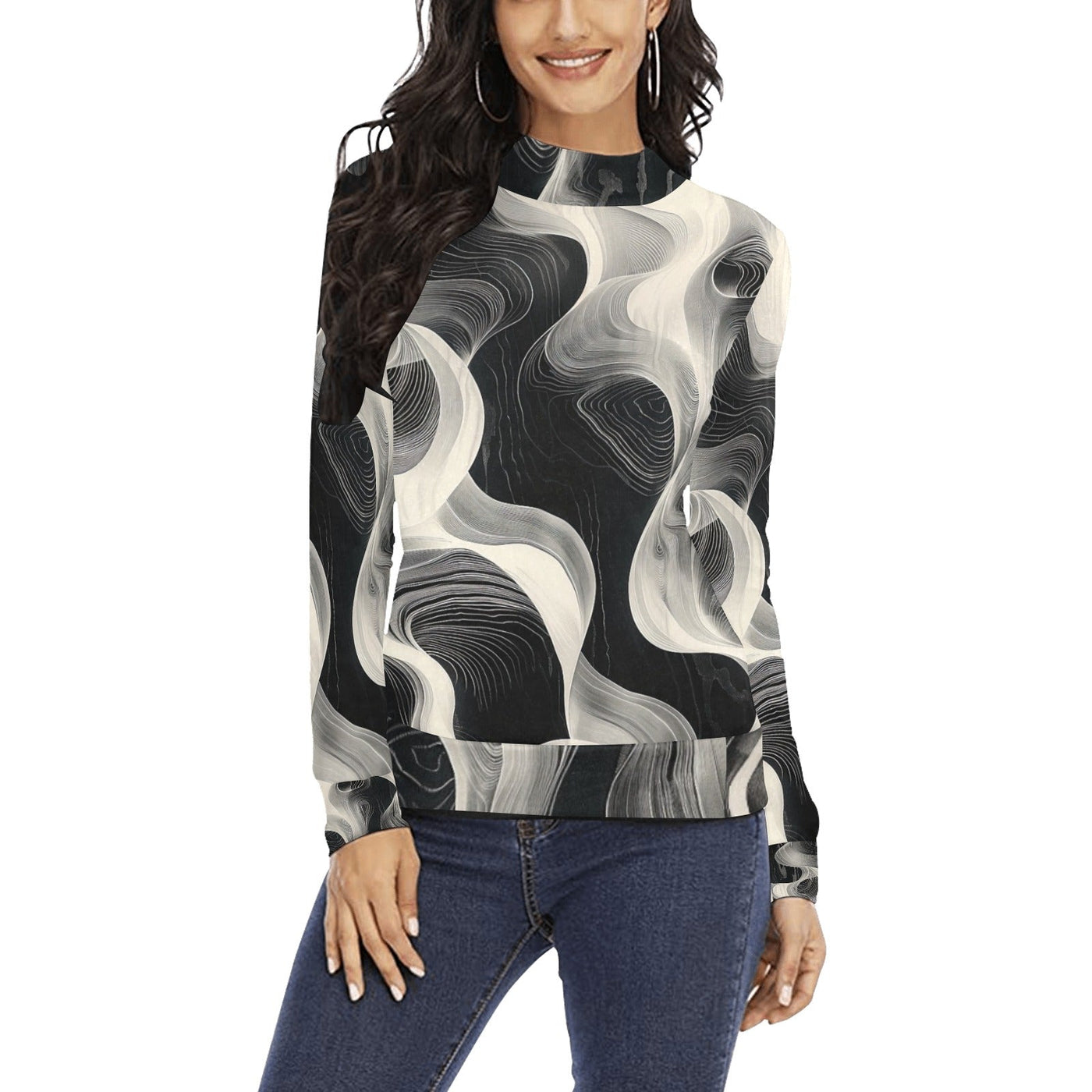 Wavy ink Black & White Elegant Mock Neck Sweater