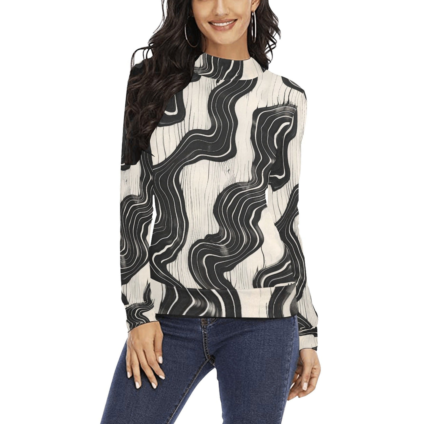 Wavy ink Black & White Elegant Mock Neck Sweater