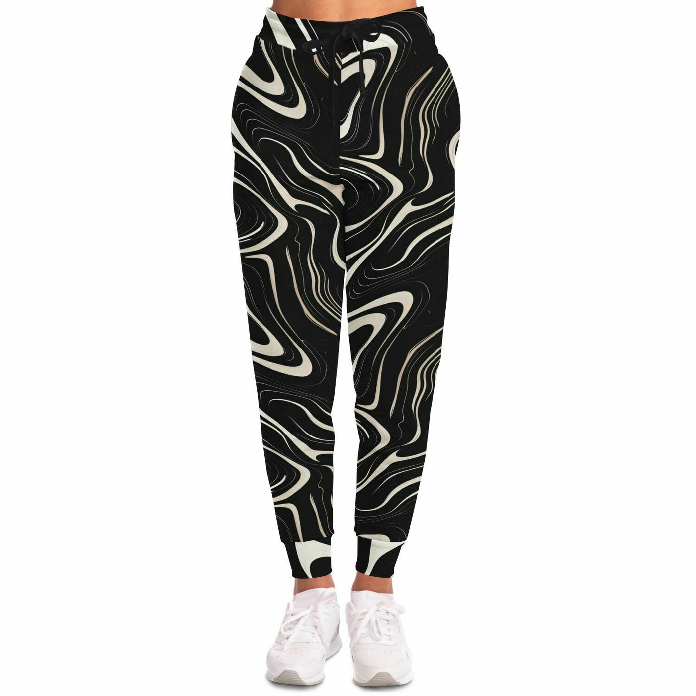 Wavy Black and White floating Ink Pattern Fashion Joggers